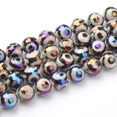 Rainbow Plated Black White Tibetan dZi Agate with 3-Eye Pattern Faceted Rounds, 128 Facets, Approx 8-12mm, 38cm/strand