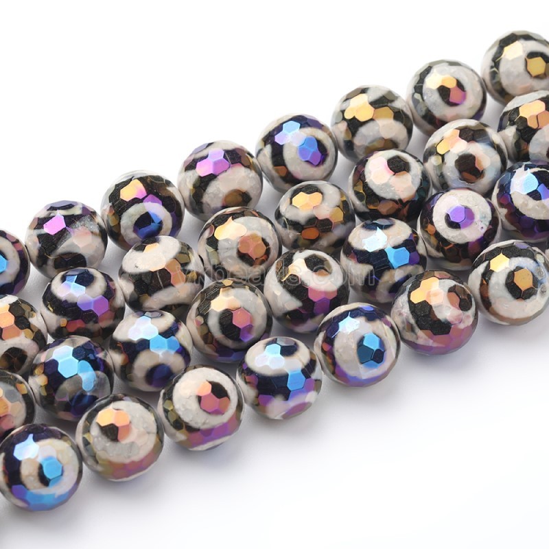 Rainbow Plated Black White Tibetan dZi Agate with 3-Eye Pattern Faceted Rounds, 128 Facets, Approx 8-12mm, 38cm/strand