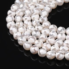 High Luster Plated White Tibetan dZi Agate with Football Pattern Faceted Rounds, 128 Facets, Approx 8-12mm, 38cm/strand
