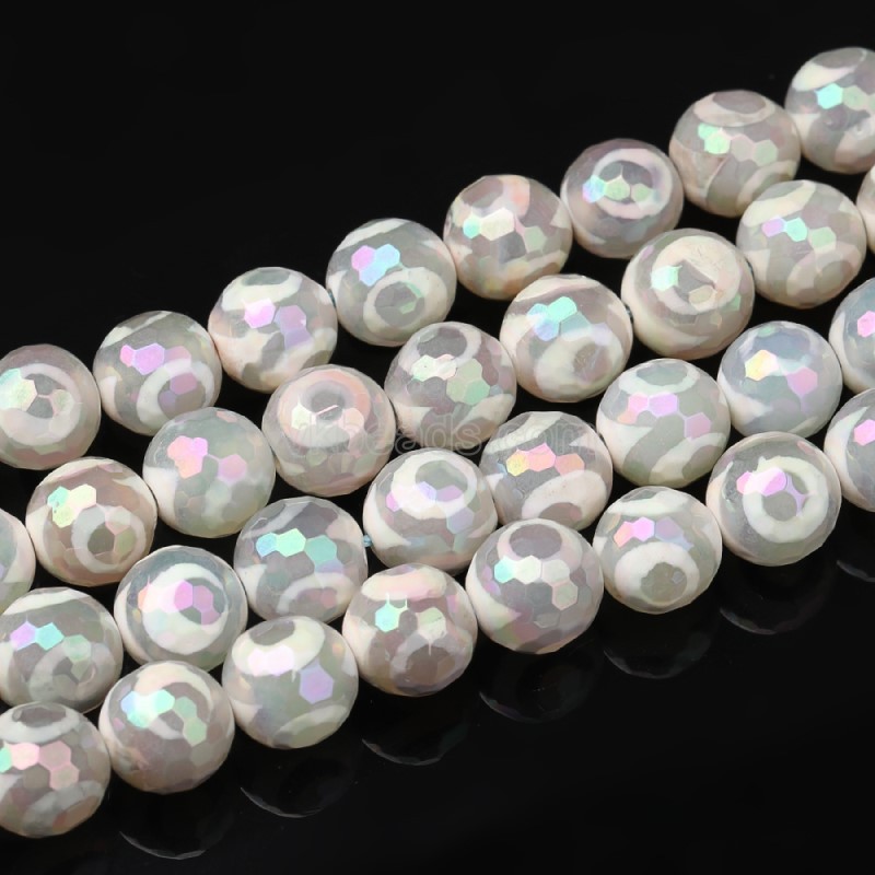 Rainbow Plated White Tibetan dZi Agate with 3-Eye Pattern Faceted Rounds, 128 Facets, Approx 8-12mm, 38cm/strand