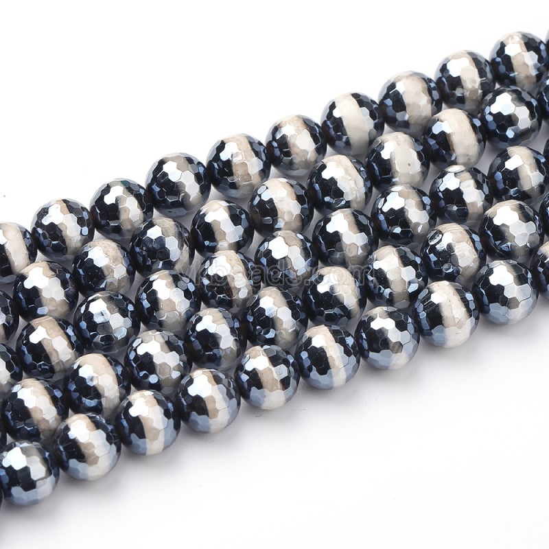 High Luster Plated Black Tibetan dZi Agate with Stripe Pattern Faceted Rounds, 128 Facets, Approx 8-12mm, 38cm/strand