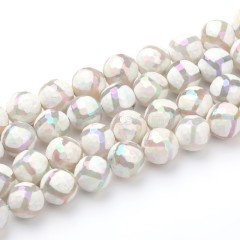 Rainbow Plated White Tibetan dZi Agate with Football Pattern Faceted Rounds, 128 Facets, Approx 8-12mm, 38cm/strand