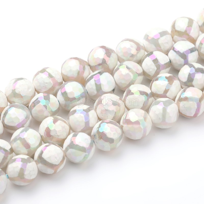 Rainbow Plated White Tibetan dZi Agate with Football Pattern Faceted Rounds, 128 Facets, Approx 8-12mm, 38cm/strand