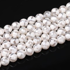 High Luster Plated White Tibetan dZi Agate with Football Pattern Faceted Rounds, 128 Facets, Approx 8-12mm, 38cm/strand