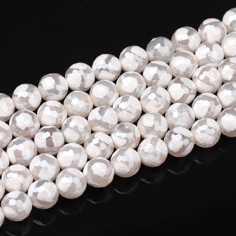 High Luster Plated White Tibetan dZi Agate with Football Pattern Faceted Rounds, 128 Facets, Approx 8-12mm, 38cm/strand