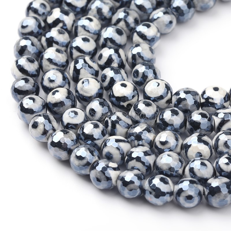 High Luster Plated Black Tibetan dZi Agate with 3-Eye Pattern Faceted Rounds, 128 Facets, Approx 8-12mm, 38cm/strand