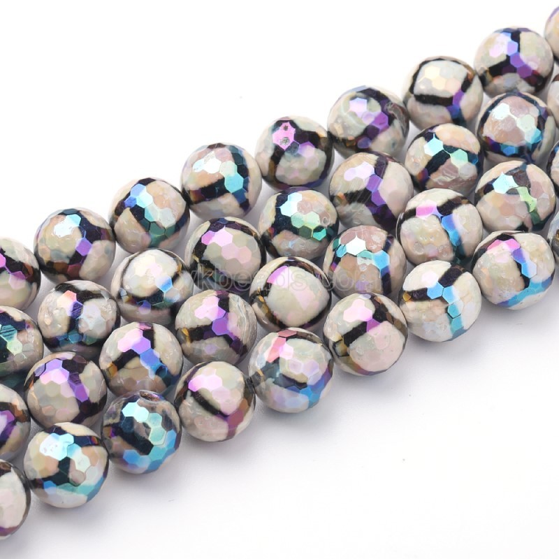 Rainbow Plated White Tibetan dZi Agate with Football Pattern Faceted Rounds, 128 Facets, Approx 8-12mm, 38cm/strand