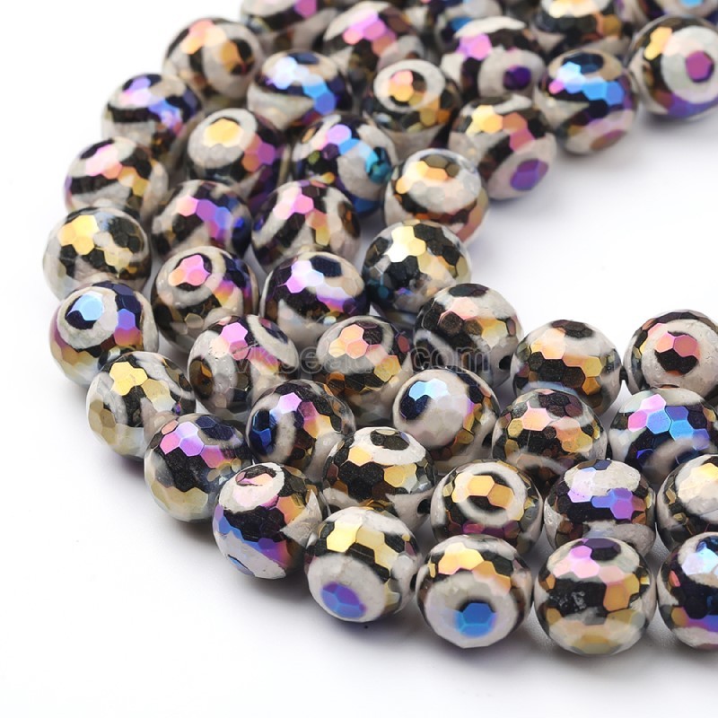 Rainbow Plated Black White Tibetan dZi Agate with 3-Eye Pattern Faceted Rounds, 128 Facets, Approx 8-12mm, 38cm/strand