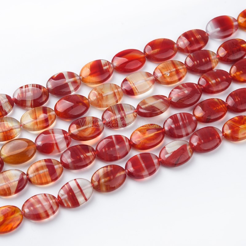 Watermelon Red Stripe/Lace/Banded Glass Smooth Puffy Ovals, Approx 10x14mm, 38cm/strand
