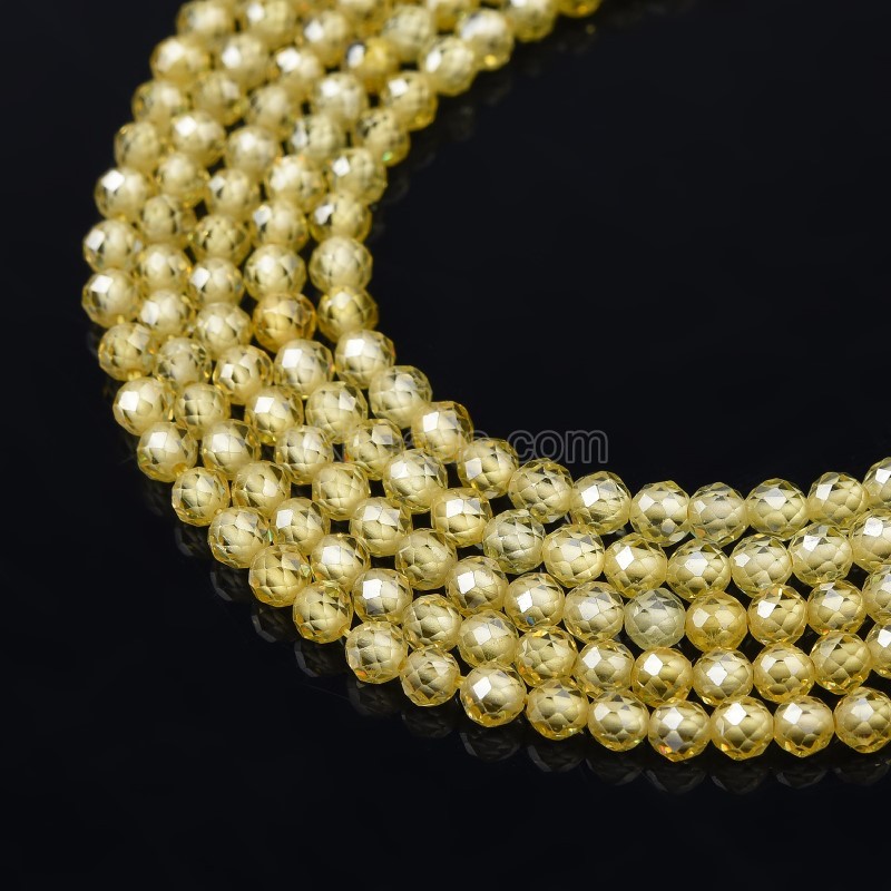 Dark Peridot Yellow Cubic Zirconia Faceted Rounds, Approx 2-5mm, 37-37.5cm/strand