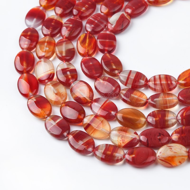Watermelon Red Stripe/Lace/Banded Glass Smooth Puffy Ovals, Approx 10x14mm, 38cm/strand