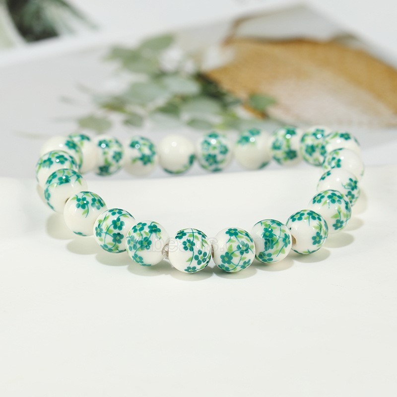 Green Flower Pattern Decal Ceramic Porcelain Smooth Round Beads Stretch Bracelets, Approx 8mm, Sell by Piece