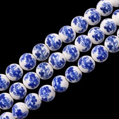 Blue Flower Pattern Decal Ceramic Porcelain  Smooth Round Beads Strands, Approx 6-12mm, 34-36cm/strand