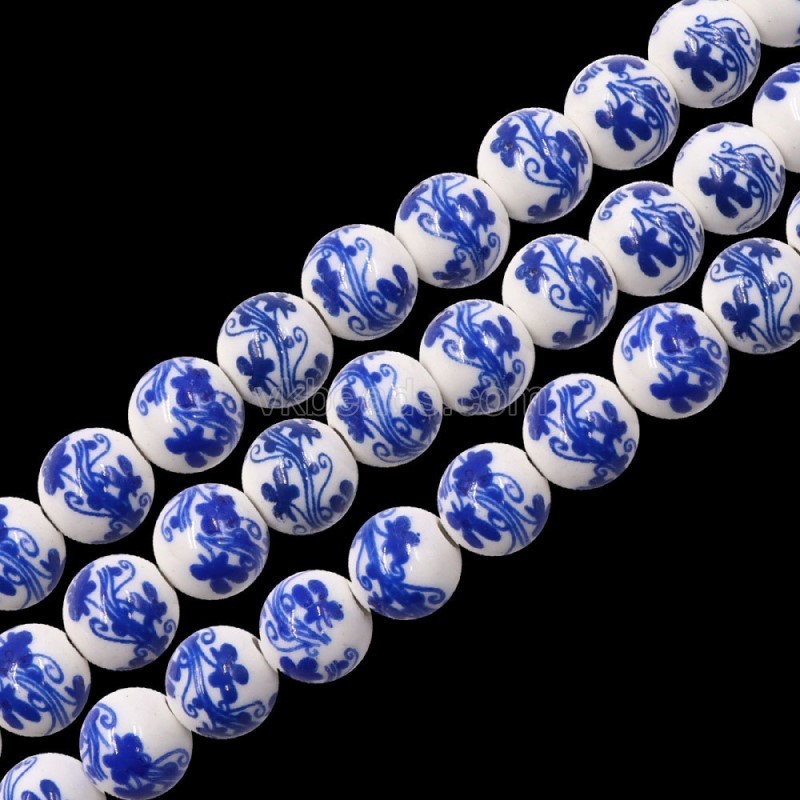 Blue Flower Pattern Decal Ceramic Porcelain  Smooth Round Beads Strands, Approx 6-12mm, 34-36cm/strand