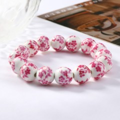 Pink Flower Pattern Decal Ceramic Porcelain Smooth Round Beads Stretch Bracelets, Approx 12mm, Sell by Piece
