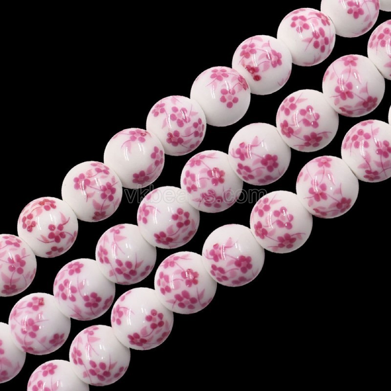 Pink Flower Pattern Decal Ceramic Porcelain  Smooth Round Beads Strands, Approx 6-12mm, 34-36cm/strand