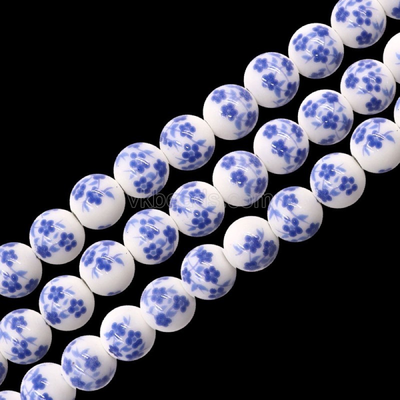 Blue Flower Pattern Decal Ceramic Porcelain  Smooth Round Beads Strands, Approx 6-12mm, 34-36cm/strand