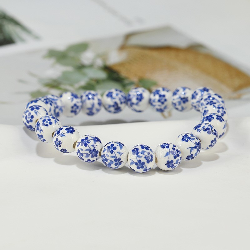 Blue Flower Pattern Decal Ceramic Porcelain Smooth Round Beads Stretch Bracelets, Approx 8-12mm, Sell by Piece