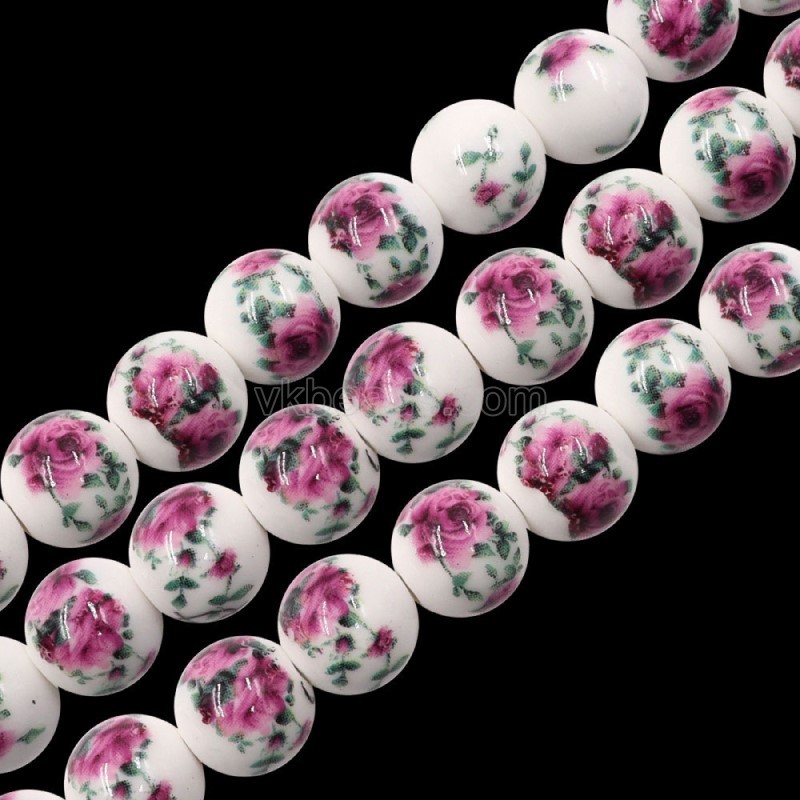 Red Rose Flower Pattern Decal Ceramic Porcelain  Smooth Round Beads Strands, Approx 6-12mm, 34-36cm/strand