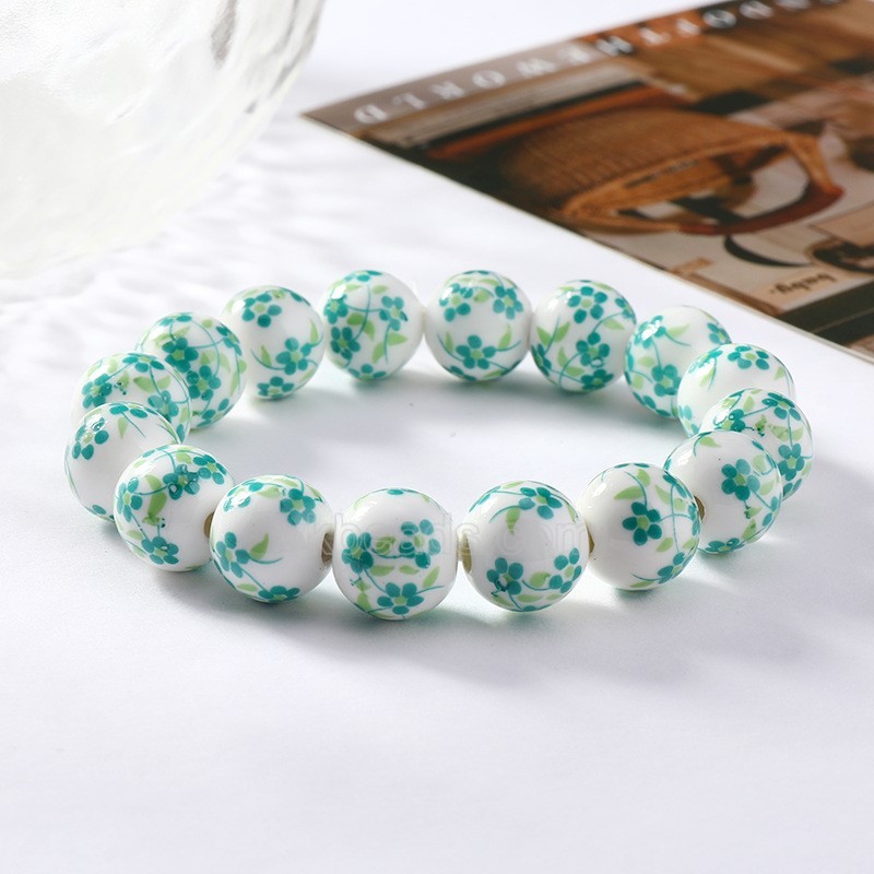 Green Flower Pattern Decal Ceramic Porcelain Smooth Round Beads Stretch Bracelets, Approx 8mm, Sell by Piece