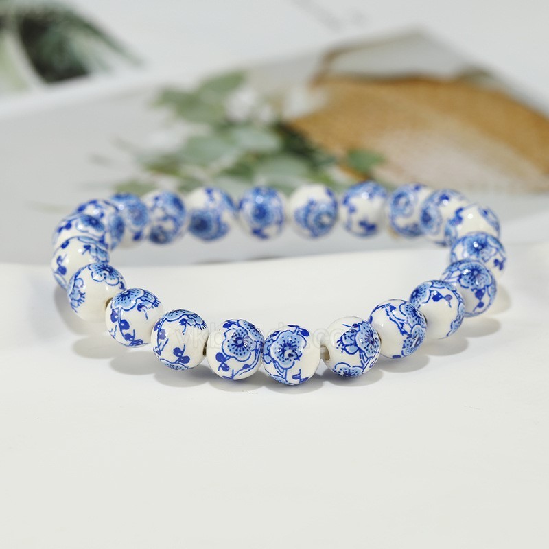 Blue Flower Pattern Decal Ceramic Porcelain Smooth Round Beads Stretch Bracelets, Approx 8-12mm, Sell by Piece