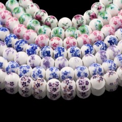 Blue Flower Pattern Decal Ceramic Porcelain  Smooth Round Beads Strands, Approx 6-12mm, 34-36cm/strand
