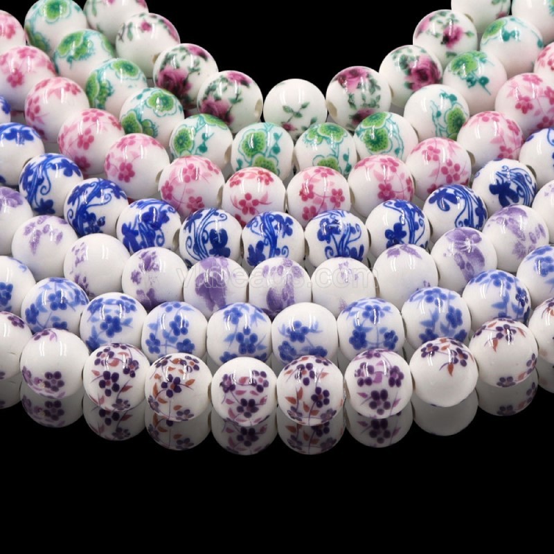 Blue Flower Pattern Decal Ceramic Porcelain  Smooth Round Beads Strands, Approx 6-12mm, 34-36cm/strand