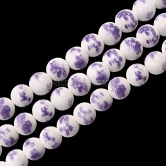 Purple Flower Pattern Decal Ceramic Porcelain  Smooth Round Beads Strands, Approx 6-12mm, 34-36cm/strand