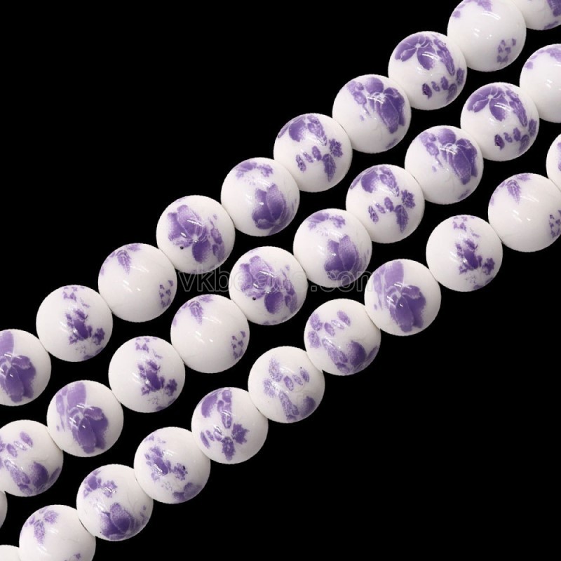Purple Flower Pattern Decal Ceramic Porcelain  Smooth Round Beads Strands, Approx 6-12mm, 34-36cm/strand