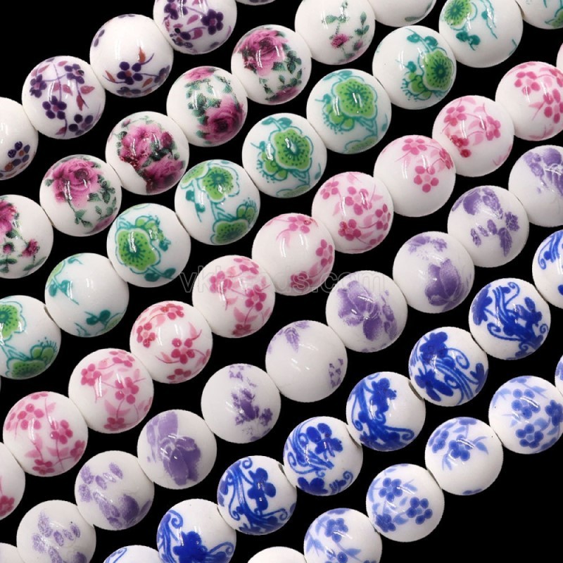 Blue Flower Pattern Decal Ceramic Porcelain  Smooth Round Beads Strands, Approx 6-12mm, 34-36cm/strand