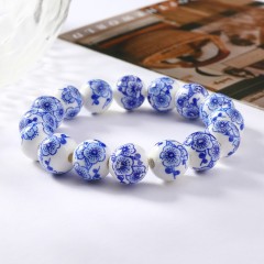 Blue Flower Pattern Decal Ceramic Porcelain Smooth Round Beads Stretch Bracelets, Approx 8-12mm, Sell by Piece