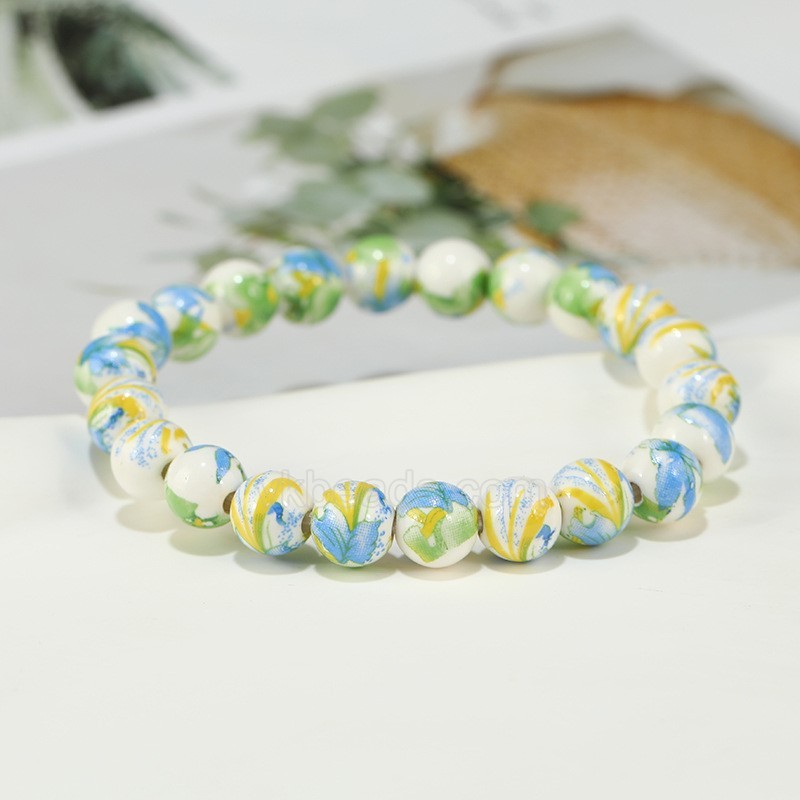 Multicolor Flower Pattern Decal Ceramic Porcelain Smooth Round Beads Stretch Bracelets, Approx 8mm, Sell by Piece