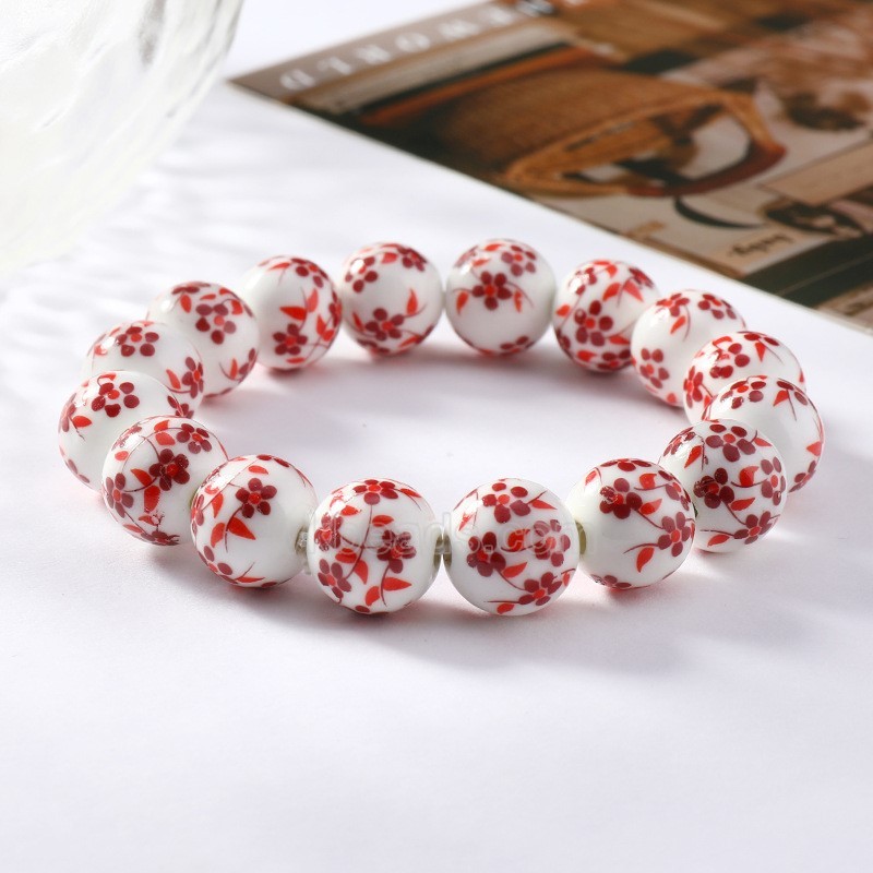 Red Flower Pattern Decal Ceramic Porcelain Smooth Round Beads Stretch Bracelets, Approx 8-12mm, Sell by Piece
