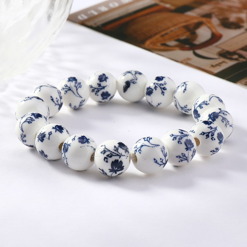 Black Flower Pattern Decal Ceramic Porcelain Smooth Round Beads Stretch Bracelets, Approx 8-12mm, Sell by Piece