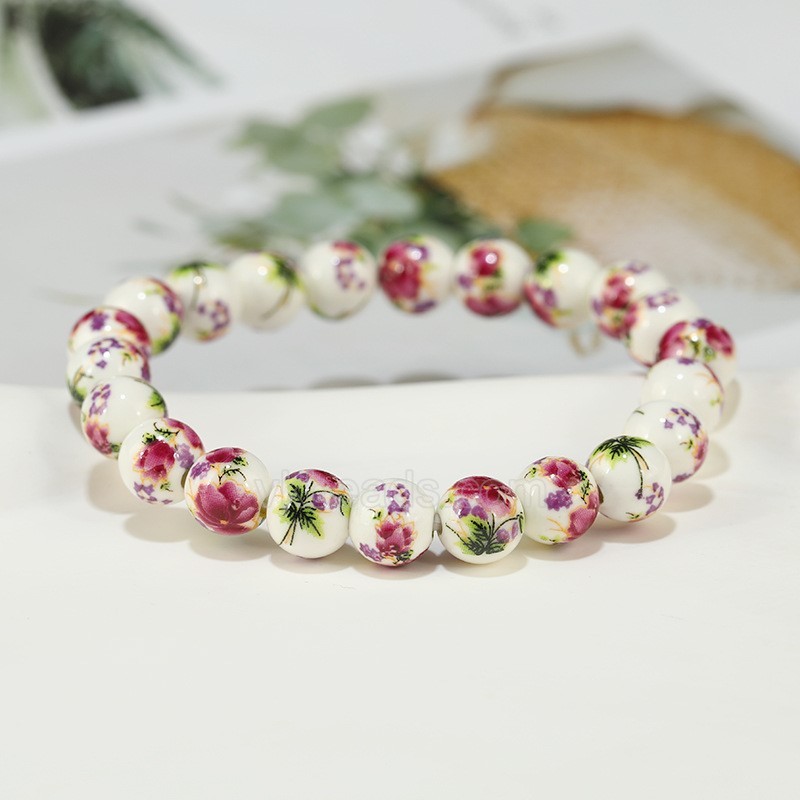 Multicolor Flower Pattern Decal Ceramic Porcelain Smooth Round Beads Stretch Bracelets, Approx 8-12mm, Sell by Piece