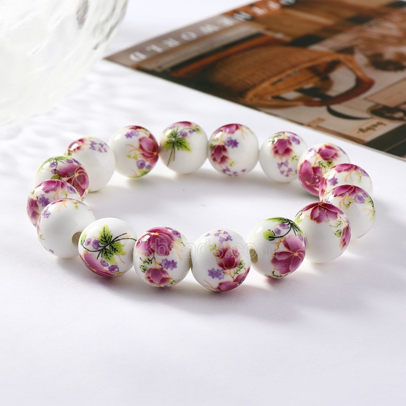 Multicolor Flower Pattern Decal Ceramic Porcelain Smooth Round Beads Stretch Bracelets, Approx 8-12mm, Sell by Piece