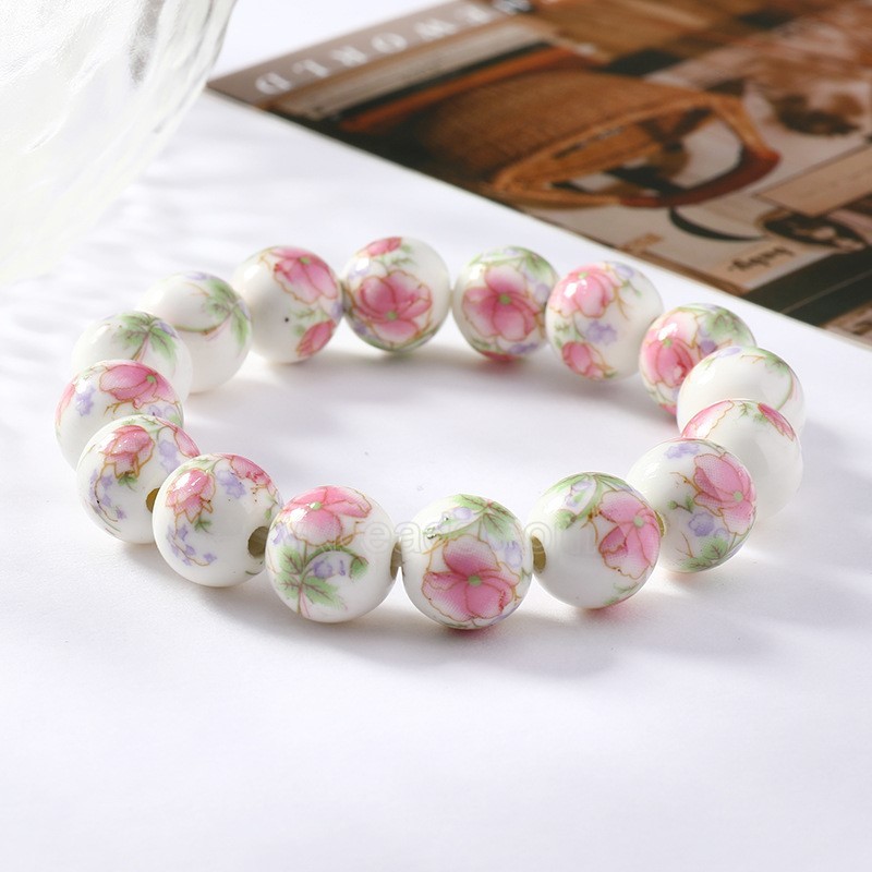 Light Red Flower Pattern Decal Ceramic Porcelain Smooth Round Beads Stretch Bracelets, Approx 8-12mm, Sell by Piece