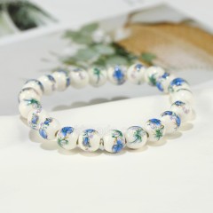 Blue Flower Pattern Decal Ceramic Porcelain Smooth Round Beads Stretch Bracelets, Approx 8-12mm, Sell by Piece