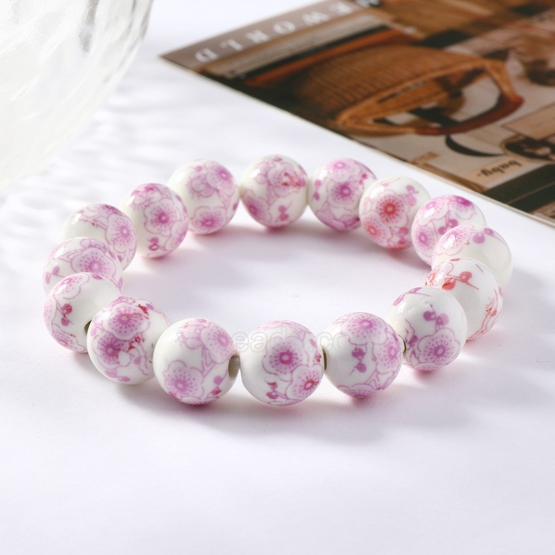 Pink Flower Pattern Decal Ceramic Porcelain Smooth Round Beads Stretch Bracelets, Approx 8-12mm, Sell by Piece