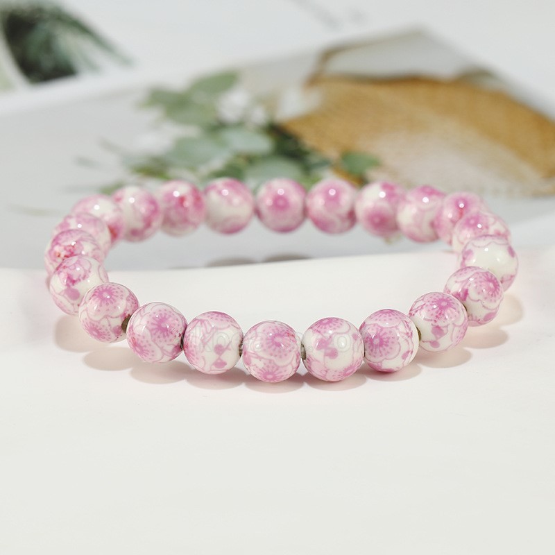Pink Flower Pattern Decal Ceramic Porcelain Smooth Round Beads Stretch Bracelets, Approx 8-12mm, Sell by Piece