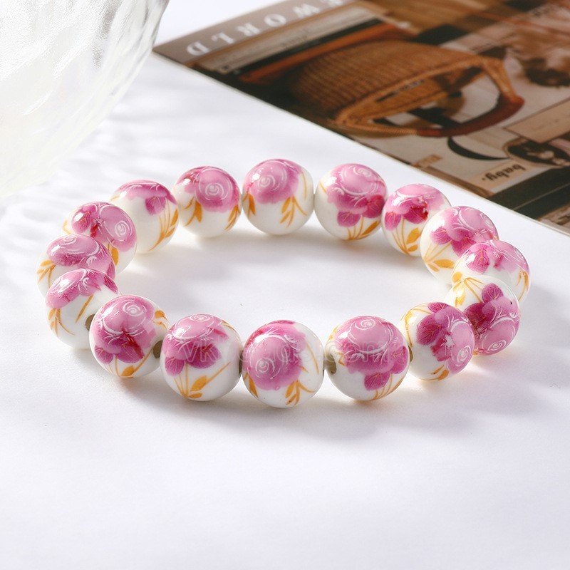 Pink Flower Pattern Decal Ceramic Porcelain Smooth Round Beads Stretch Bracelets, Approx 12mm, Sell by Piece