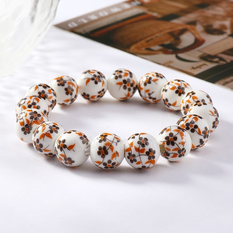 Orange Flower Pattern Decal Ceramic Porcelain Smooth Round Beads Stretch Bracelets, Approx 8-12mm, Sell by Piece