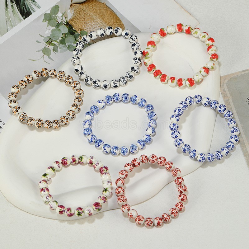 Blue Flower Pattern Decal Ceramic Porcelain Smooth Round Beads Stretch Bracelets, Approx 8-12mm, Sell by Piece