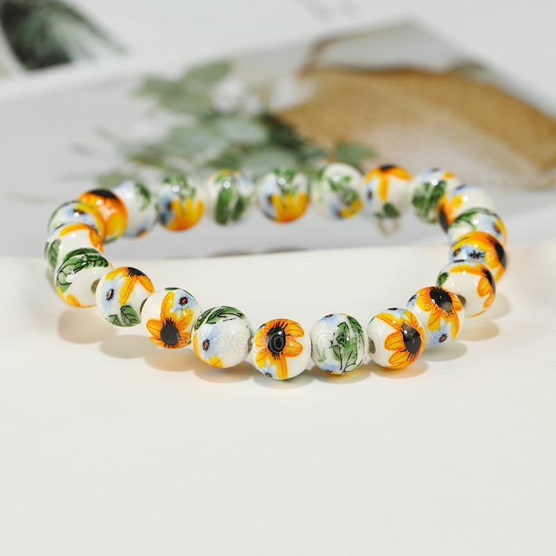 Sunflower Pattern Decal Ceramic Porcelain Smooth Round Beads Stretch Bracelets, Approx 8mm, Sell by Piece