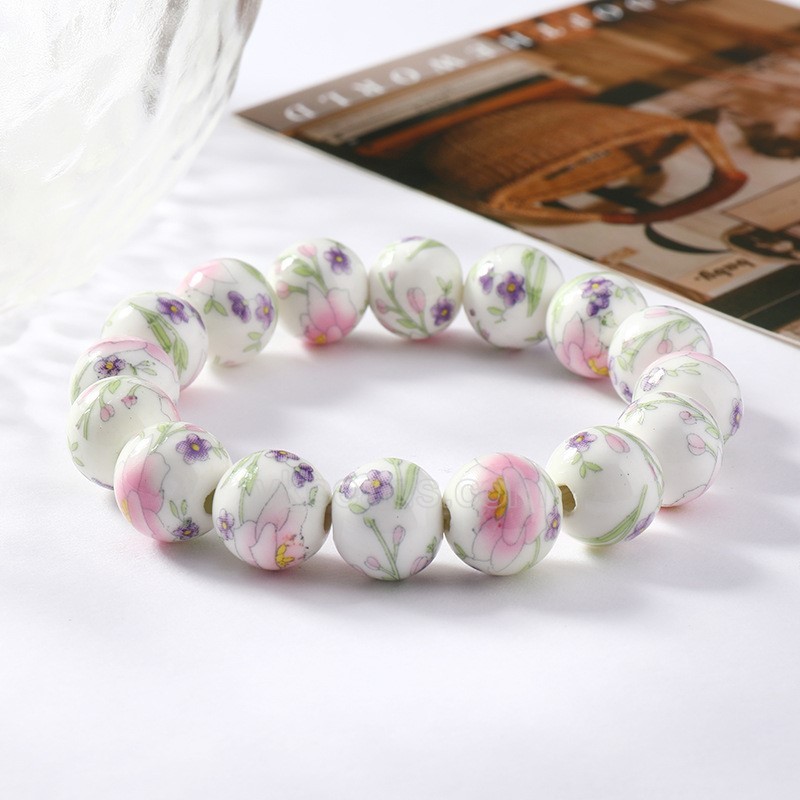 Pink Peony Pattern Decal Ceramic Porcelain Smooth Round Beads Stretch Bracelets, Approx 8-12mm, Sell by Piece
