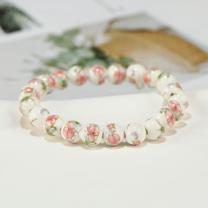 Light Red Flower Pattern Decal Ceramic Porcelain Smooth Round Beads Stretch Bracelets, Approx 8-12mm, Sell by Piece