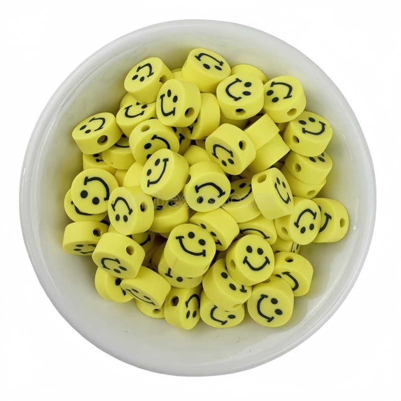 Yellow Smile Face Flat Round Handmade Polymer Clay Beads, Approx 10mm, 50pcs/bag, Sell by Bags