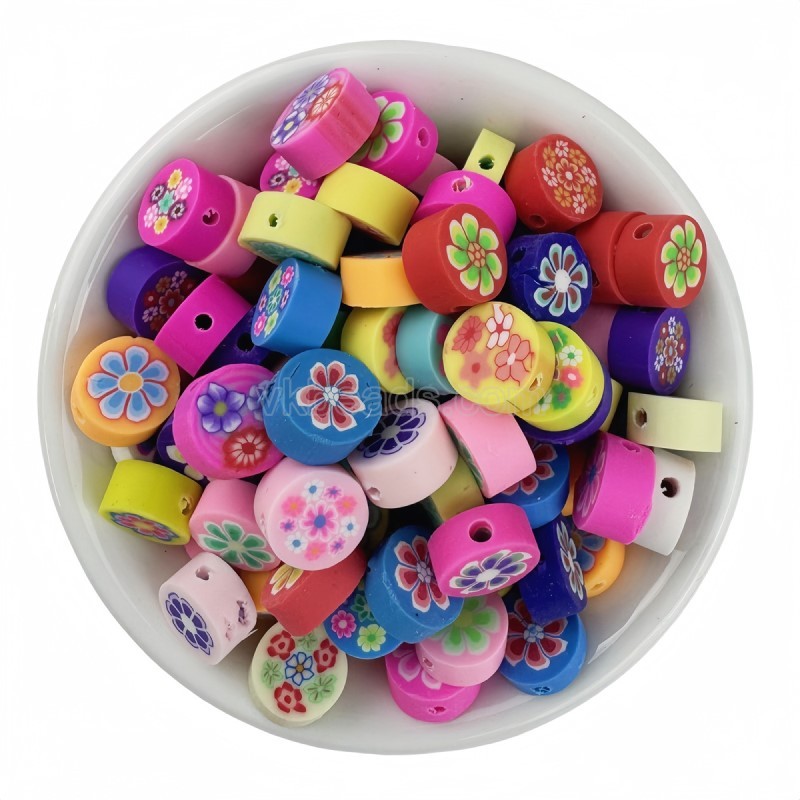 Flower Flat Round Mixed Color Handmade Polymer Clay Beads, Approx 10mm, 50pcs/bag, Sell by Bags