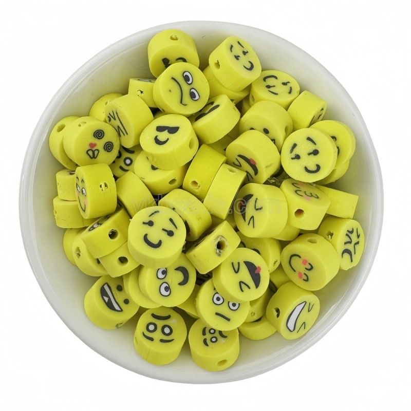 Yellow Emoji Flat Round Handmade Polymer Clay Beads, Approx 10mm, 50pcs/bag, Sell by Bags