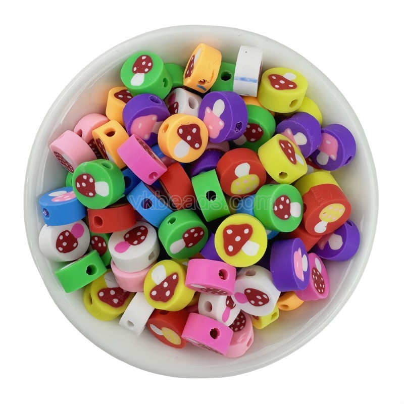 Mushroom Flat Round Mixed Color Handmade Polymer Clay Beads, Approx 10mm, 50pcs/bag, Sell by Bags